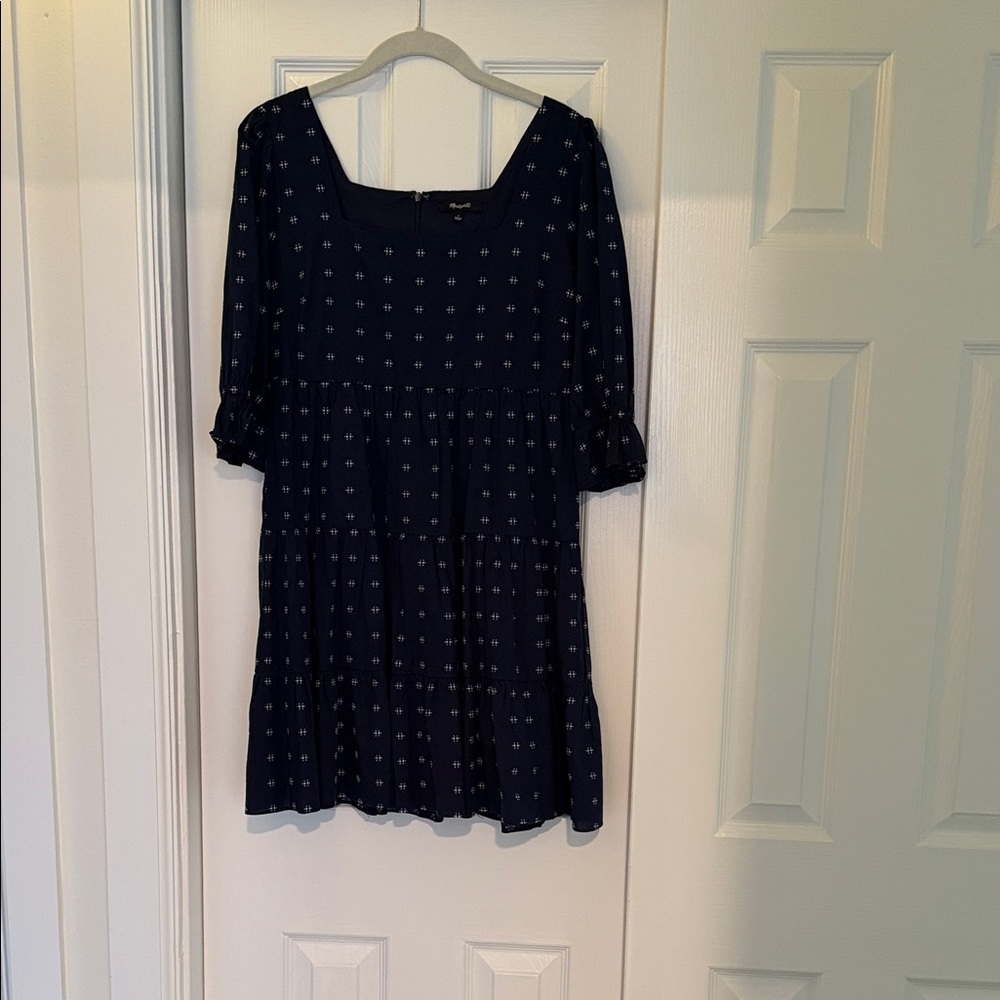 Madewell Navy Blue Tiered Mini Dress Square Neck Puff Sleeve Size 4
